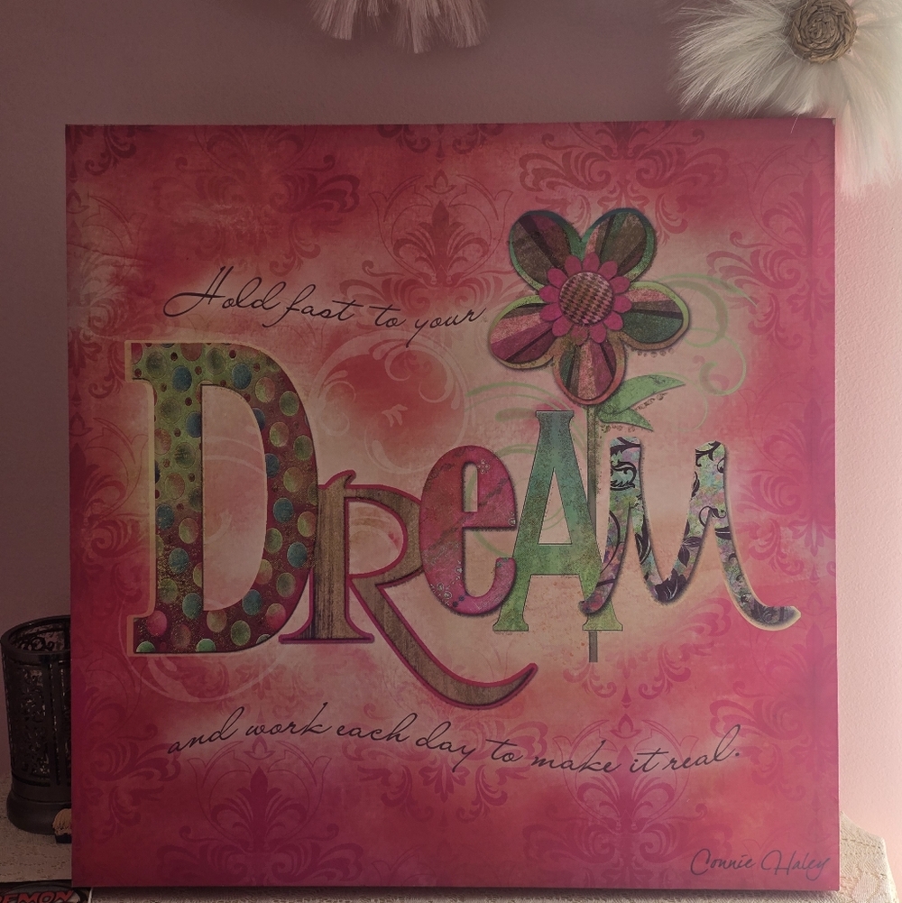 Dream Wall Art Canvas - Pink Floral Typography
